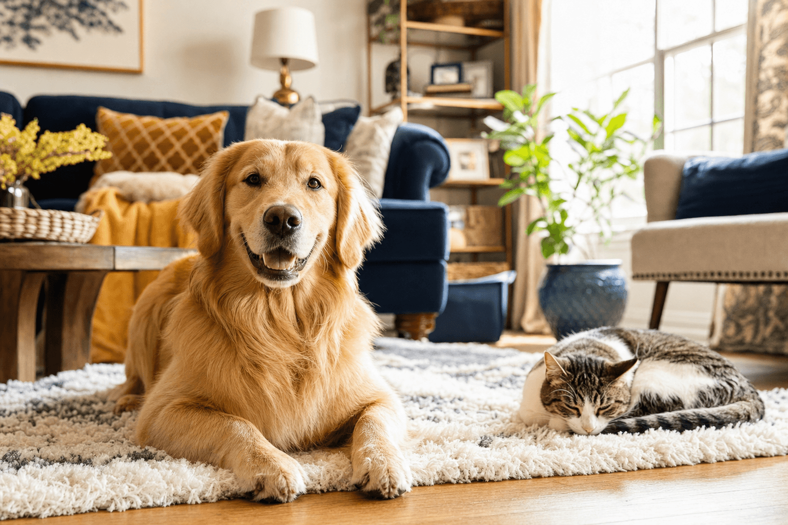 Cozy pet hotel suite with a relaxed golden retriever on a plush bed