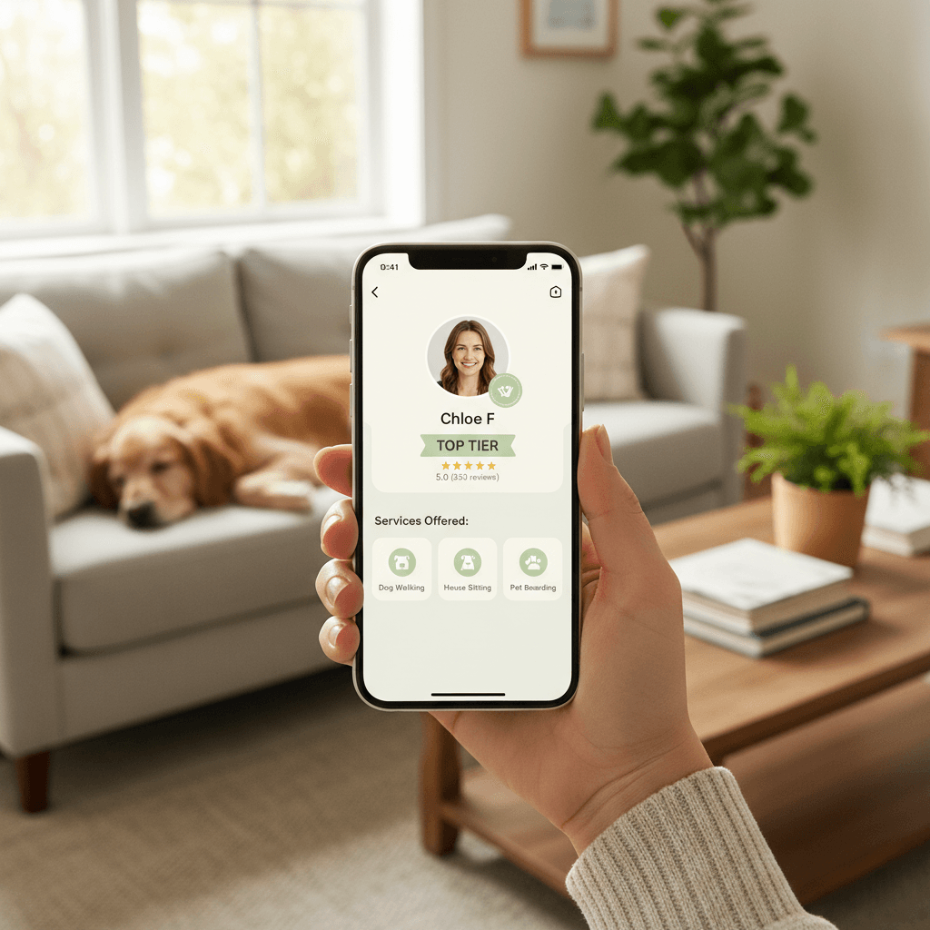 Sitter profile card showing photo, name, tier badge, distance and rating