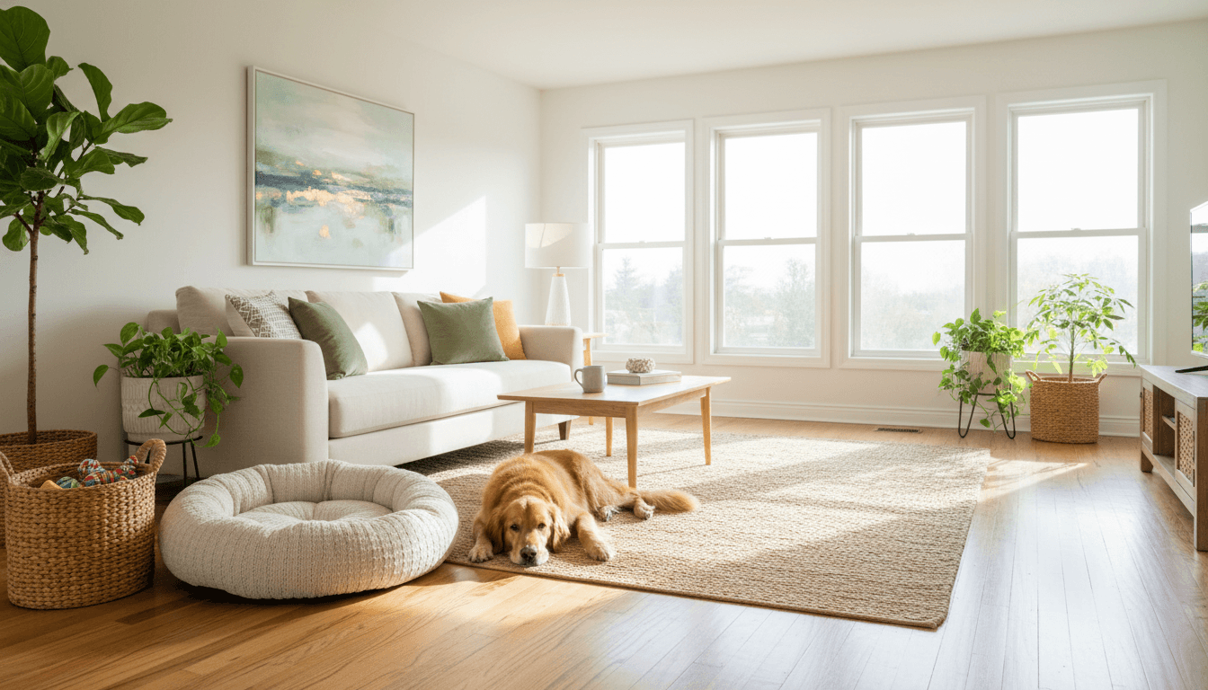 Sunlit living room with a dog bed and a golden retriever relaxing, showing a welcoming pet-friendly space