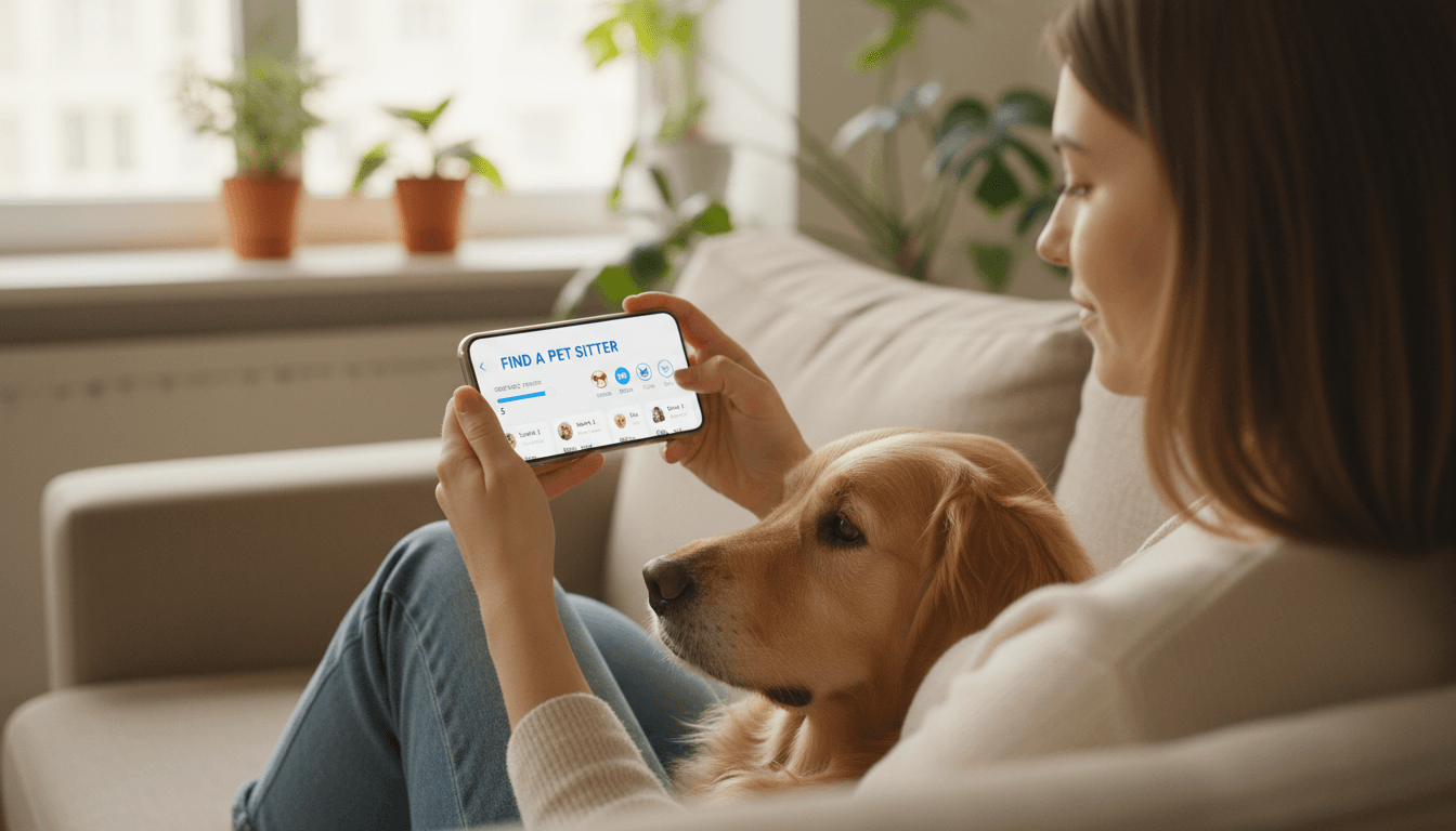 Pet owner browsing sitter filters on a phone while their dog sits beside them