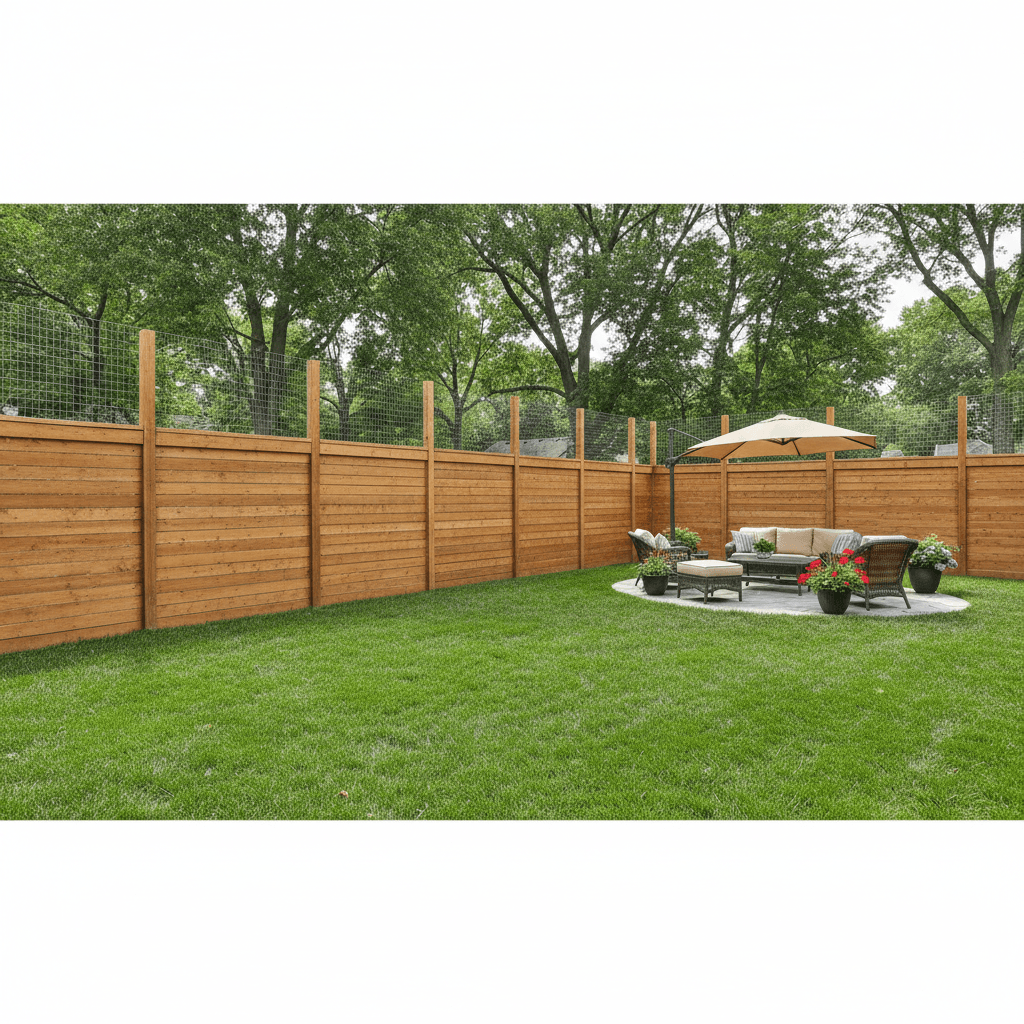 Bright, secure fenced backyard with green lawn and patio