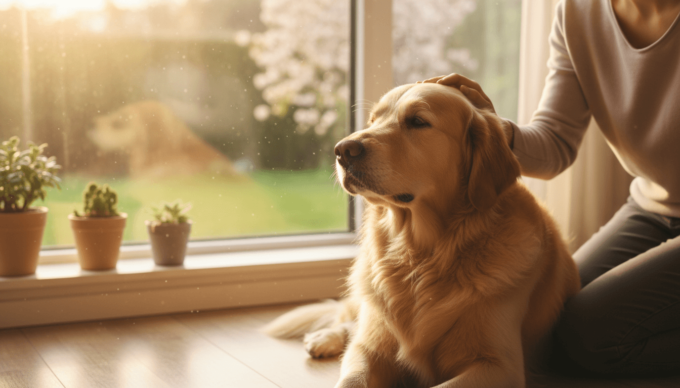 Dog being greeted by a sitter in a bright living room