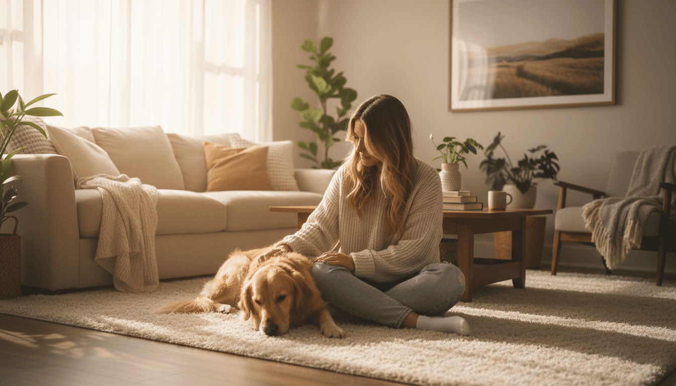 Woman petting a golden retriever in a cozy living room