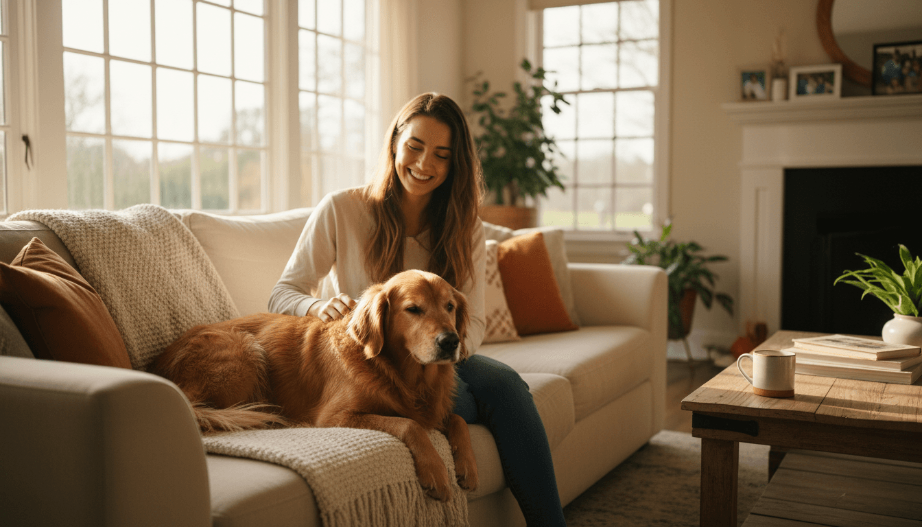 Golden retriever resting on a sitter's lap in a cozy living room