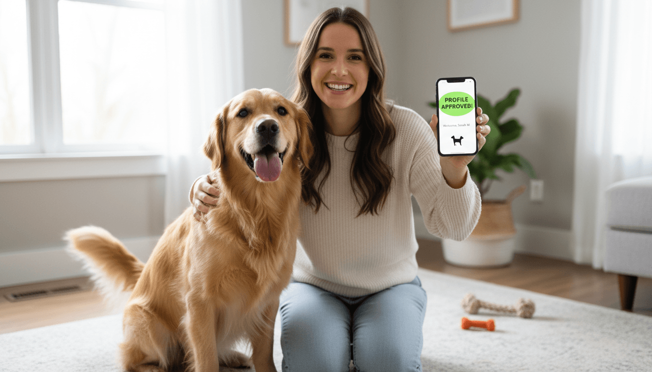 Verified pet sitter with a dog in a bright home living room