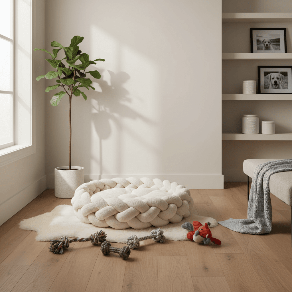 Airy pet lounge with dog bed and toys