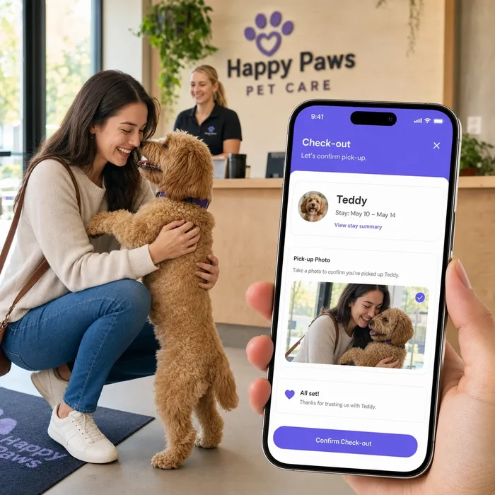 Pet owner receiving their dog back at check-out and confirming with a photo