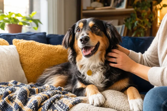 Habitación de alojamiento para mascotas acogedora con un perro tranquilo descansando en una cama elevada