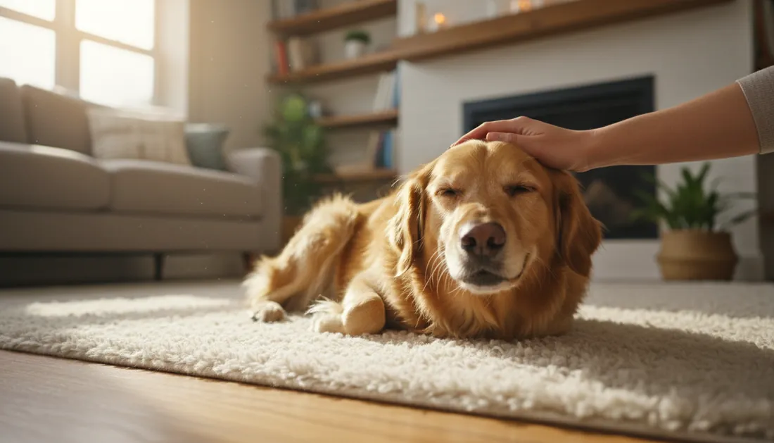 Un golden retriever relajándose mientras recibe un suave rasguño en la cabeza en casa