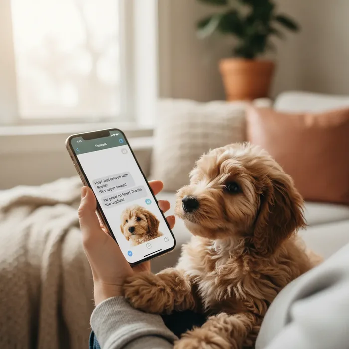 Person messaging a pet sitter on a smartphone while a small dog watches