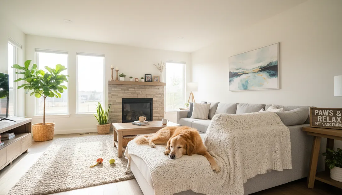 Una escena de sala de estar luminosa y ventilada con un perro acostado cómodamente en una manta suave en un sofá, con luz natural cálida que se filtra a través de ventanas grandes, un ambiente hogareño acogedor ideal para el alojamiento de mascotas, tomada desde una distancia media que muestra el espacio acogedor.