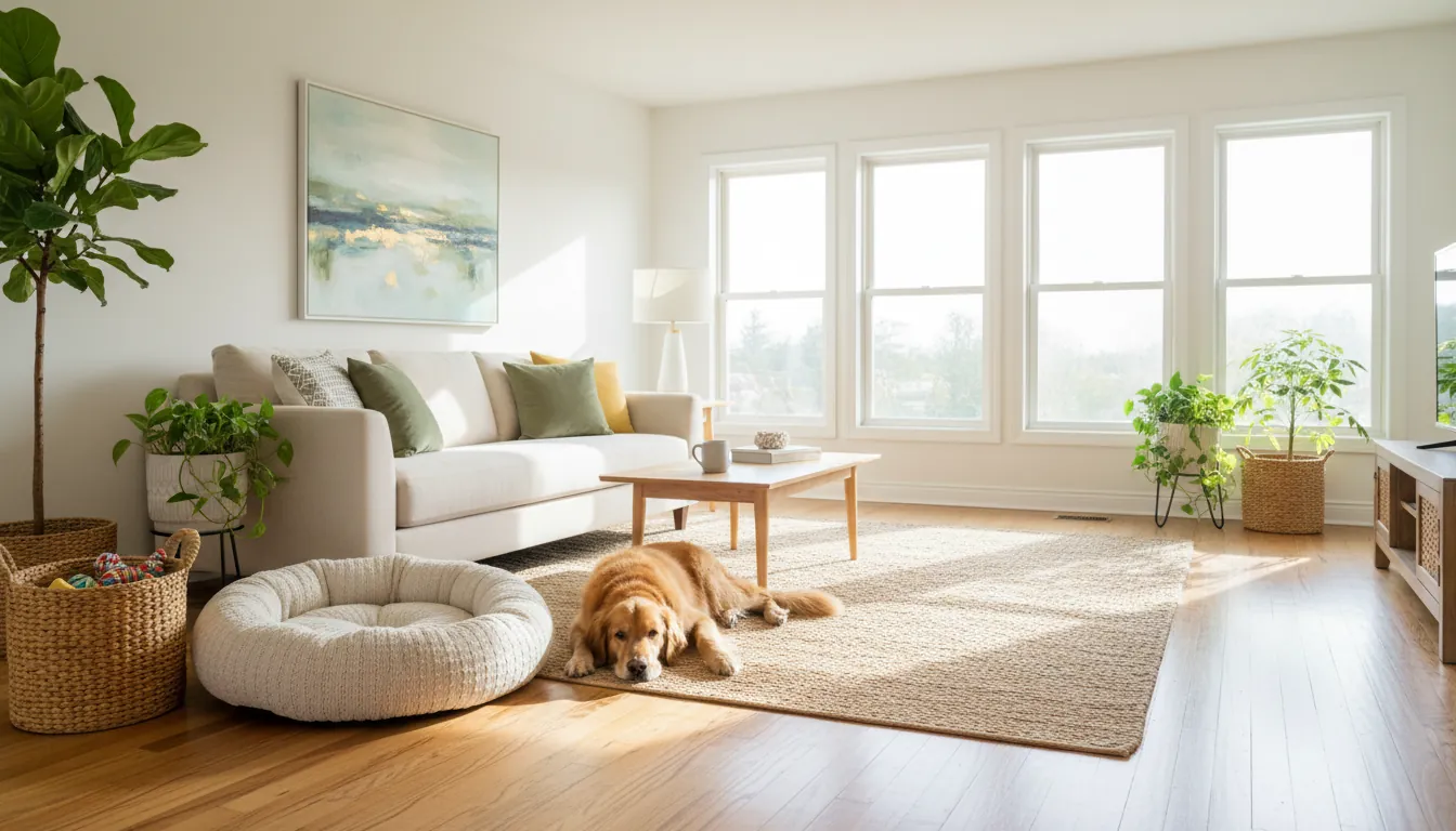 Una sala de estar luminosa y ventilada con grandes ventanas y luz natural, una cama para perro cómoda en el piso de madera dura, y un amigable golden retriever acostado cerca. El espacio se siente limpio, acogedor y apto para mascotas, con algunos juguetes colocados ordenadamente en una canasta. Las plantas verdes suaves agregan un toque de vida, y la atmósfera general transmite seguridad y comodidad para una estancia de mascota. Fotografiado desde un ángulo amplio para mostrar la habitación completa, con tonos cálidos dominando la paleta.
