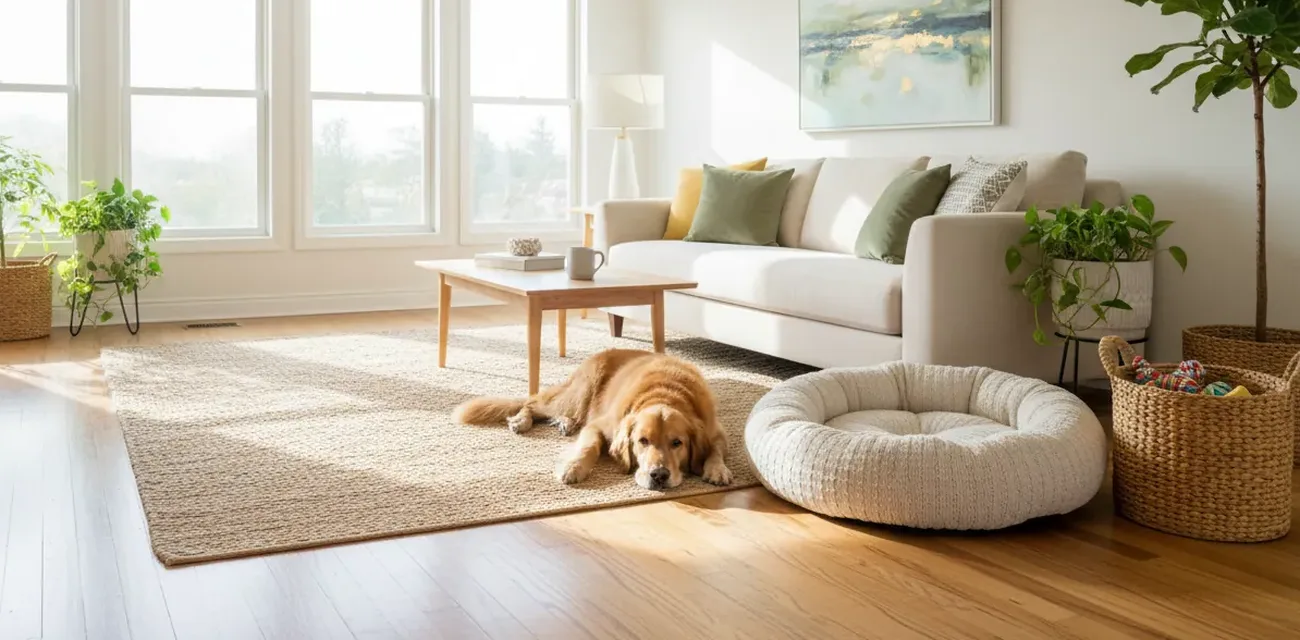 Una sala de estar soleada y luminosa con un golden retriever descansando en una alfombra al lado de una cama para perro acogedora
