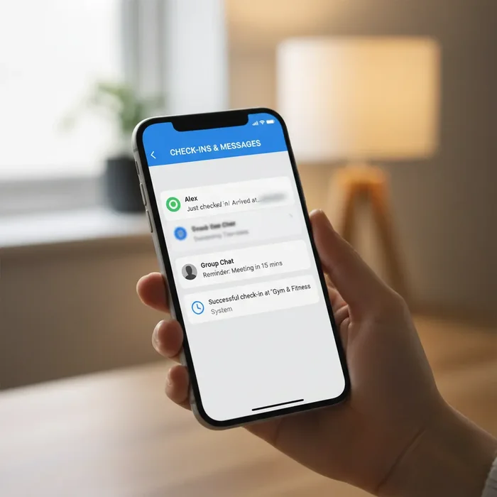 Timeline of stay check-ins and messages on a phone screen