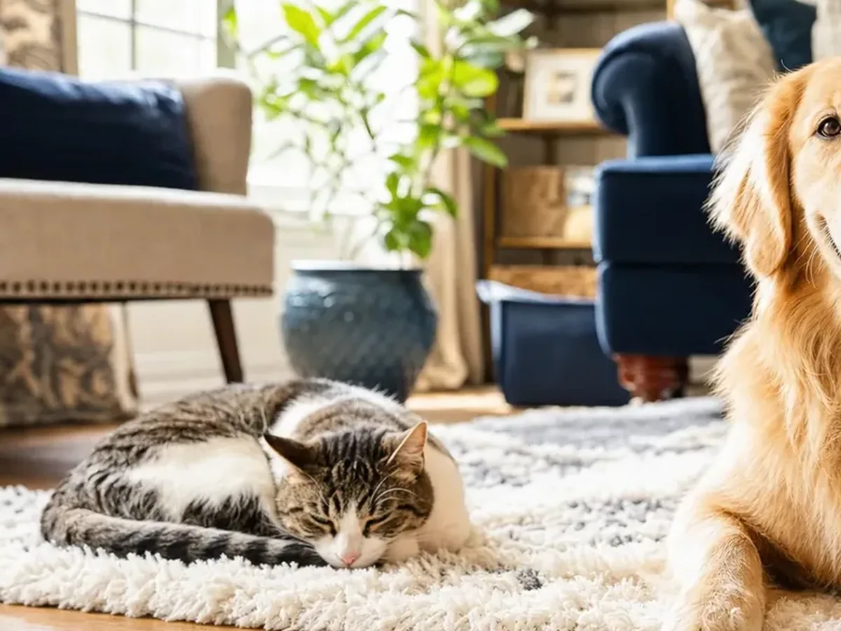 Un gato dormido enrollado en una alfombra al lado de un golden retriever en una sala de estar acogedora