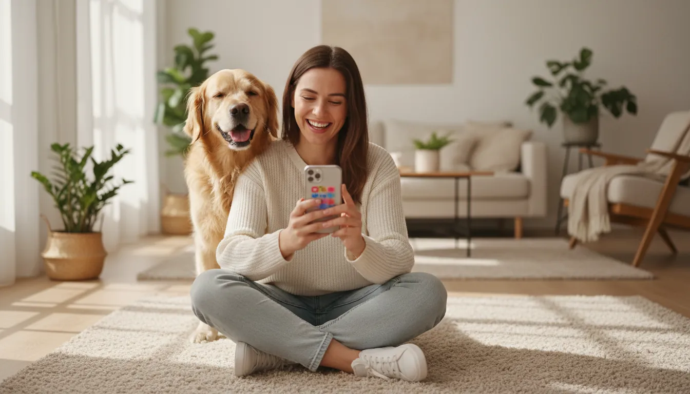 Person sitting on a living room floor holding a smartphone while a golden retriever rests its head on their shoulder