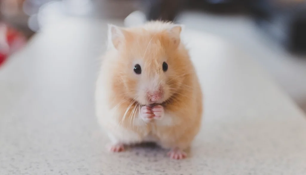Un hámster mascota curioso parado sobre sus patas traseras en casa