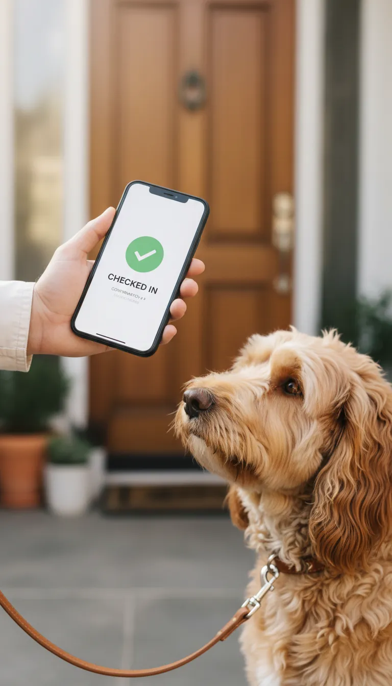 Pet owner confirming a check-in on the PetFena app with their dog