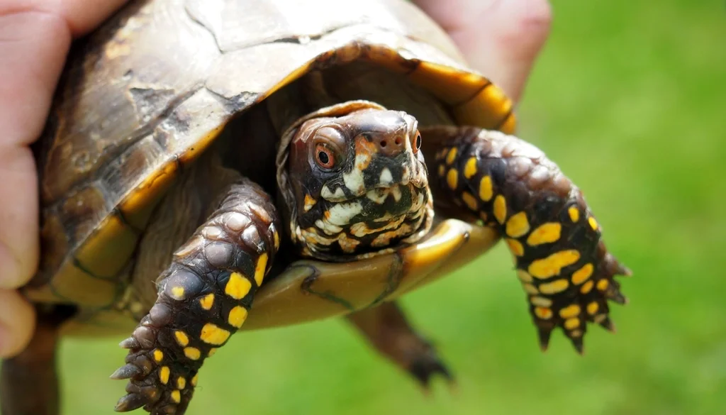 Una caja de tortuga mascota sostenida suavemente y con seguridad en las manos de alguien